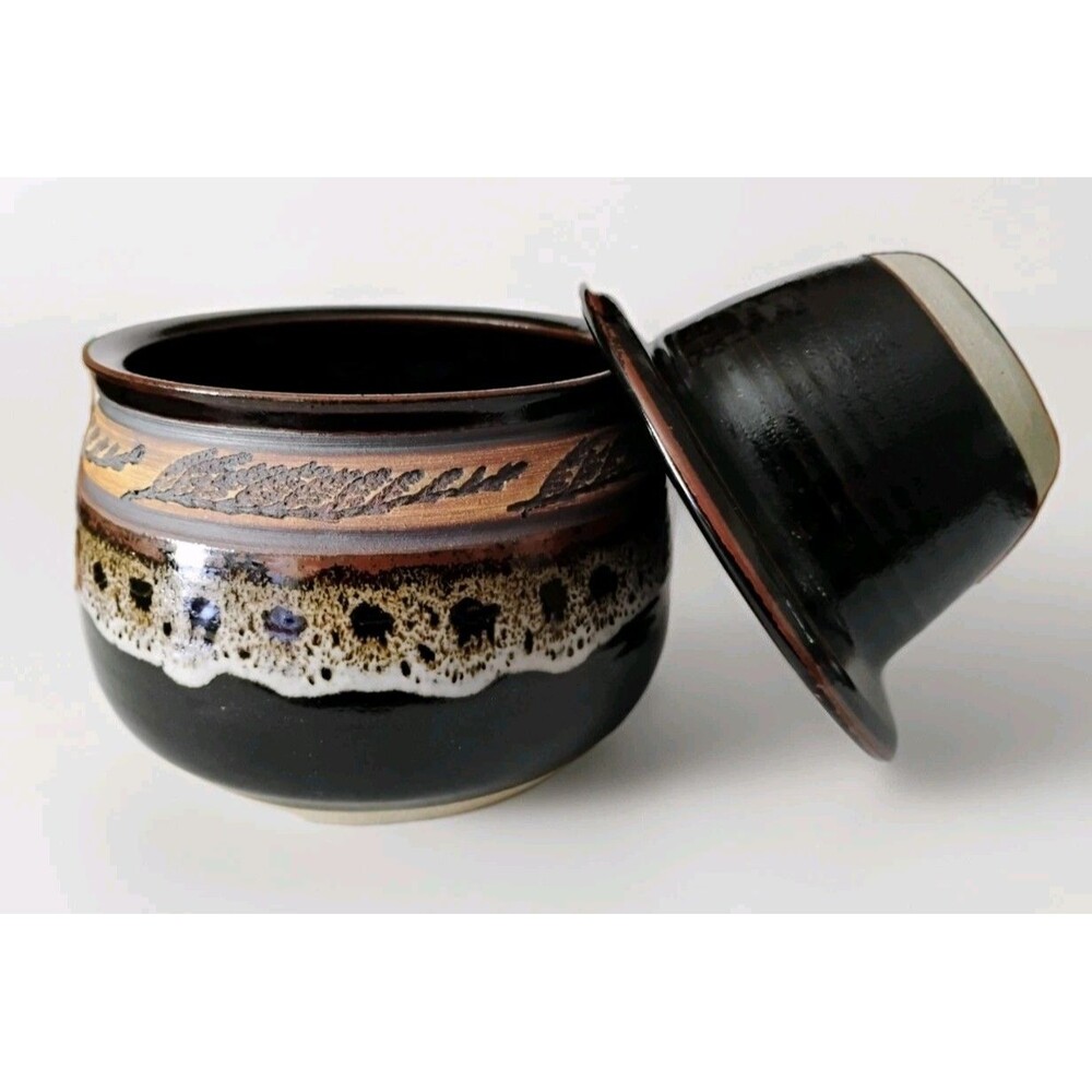 Signed Studio Art Pottery Planter Pine Branch Motif Reactive Glaze Signed A Vtg